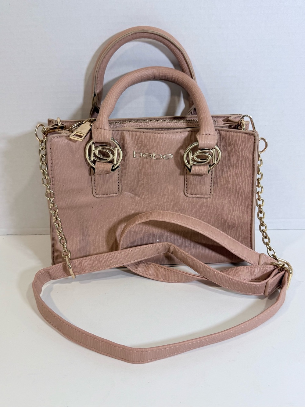 Bebe Blush Pink Satchel Crossbody Handbag Gold Hardware Faux Leather Purse